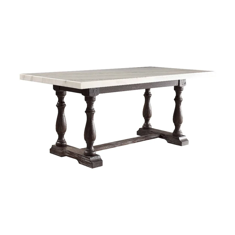 Wooden Dining Table with Marble Top , White and Brown