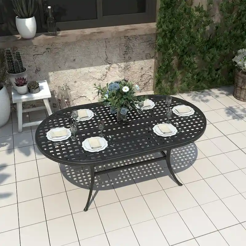 42 Patio Cast Aluminum Oval Dining Table with Umbrella Hole