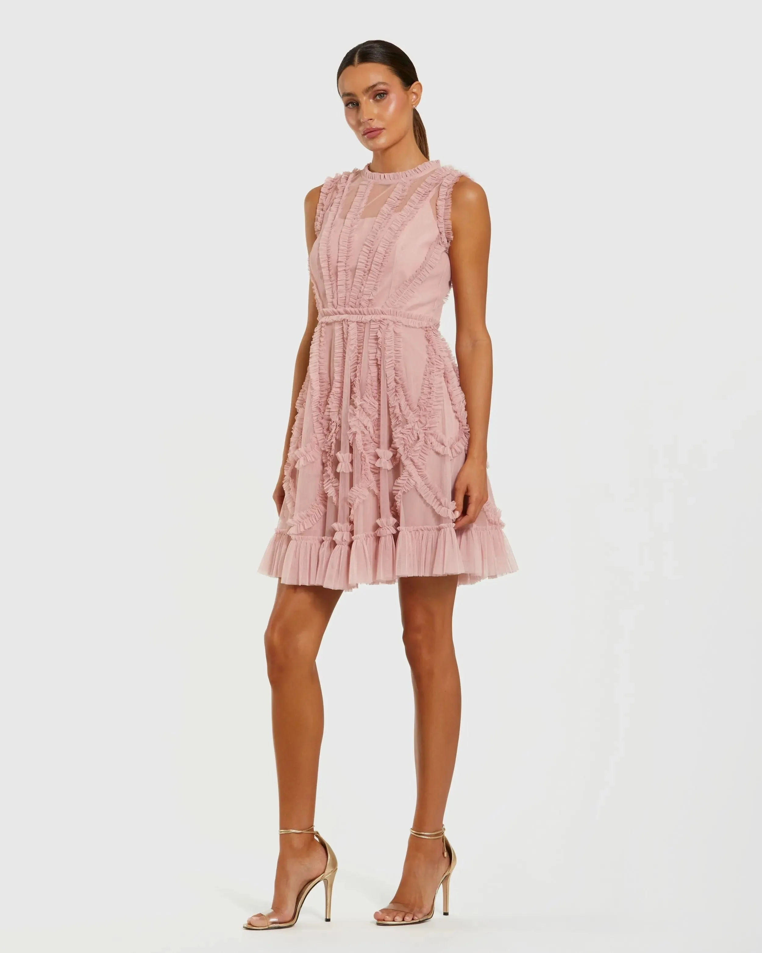 Pink High Neck Sleeveless Micro Ruffle Mini Dress