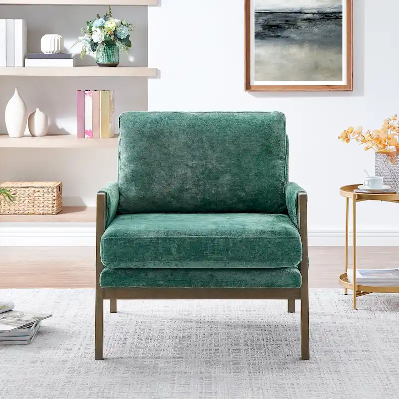 Green Velvet Armchair with Rubberwood Frame, Single Seat