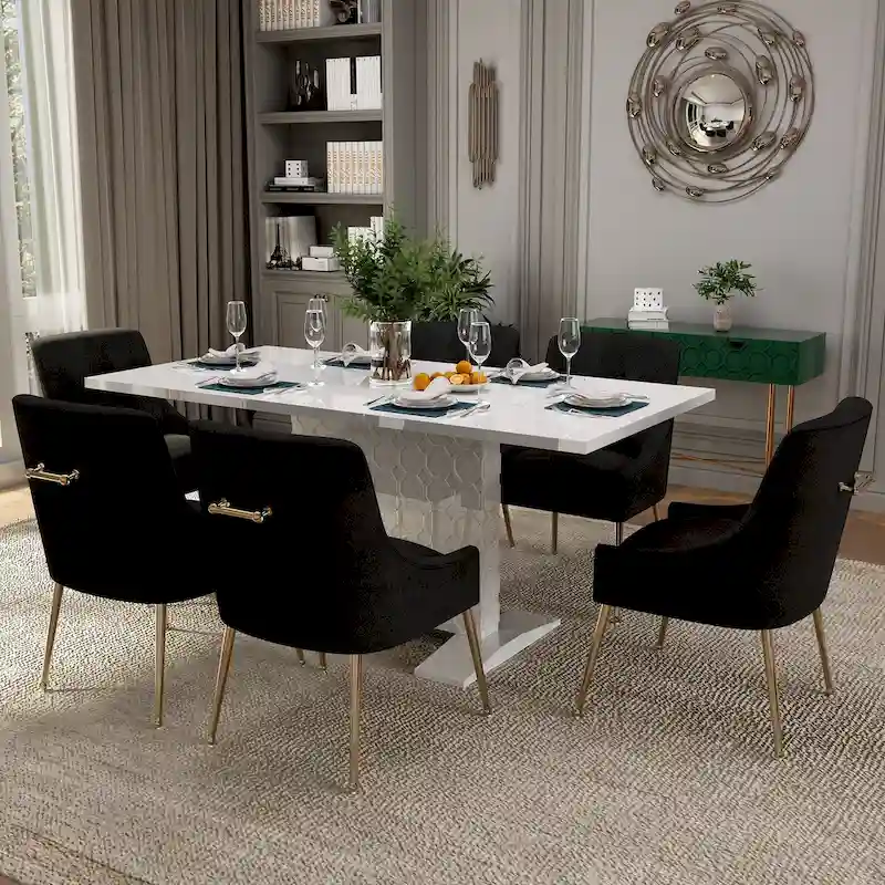 7-Piece Clihome High-gloss Extendable Table Velvet Chair Dining Set