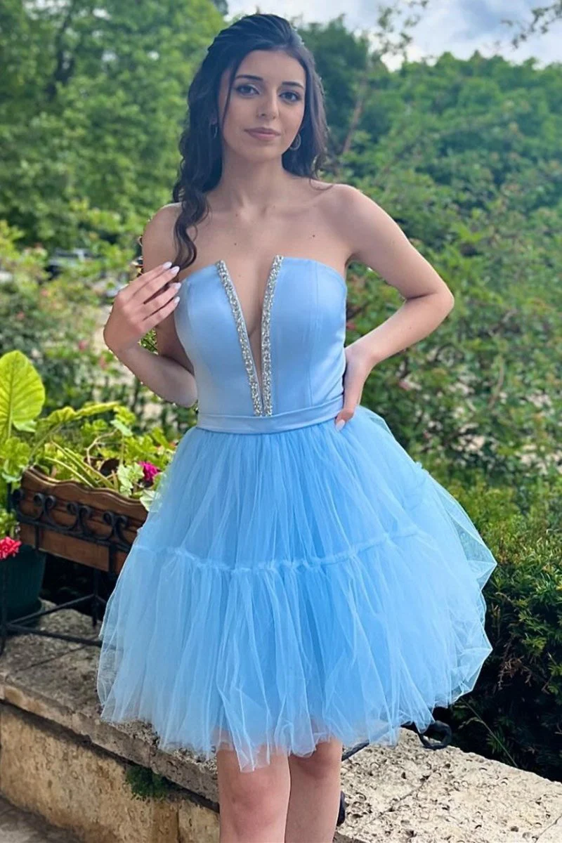 Sky Blue Strapless Lace-Up A-Line Homecoming Dress