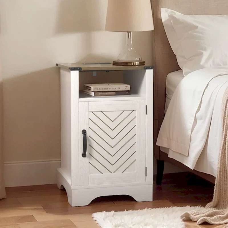 White / White-Espresso / Charcoal Grey / Almond Barn Door Nightstand with Charging Station, 1-Person