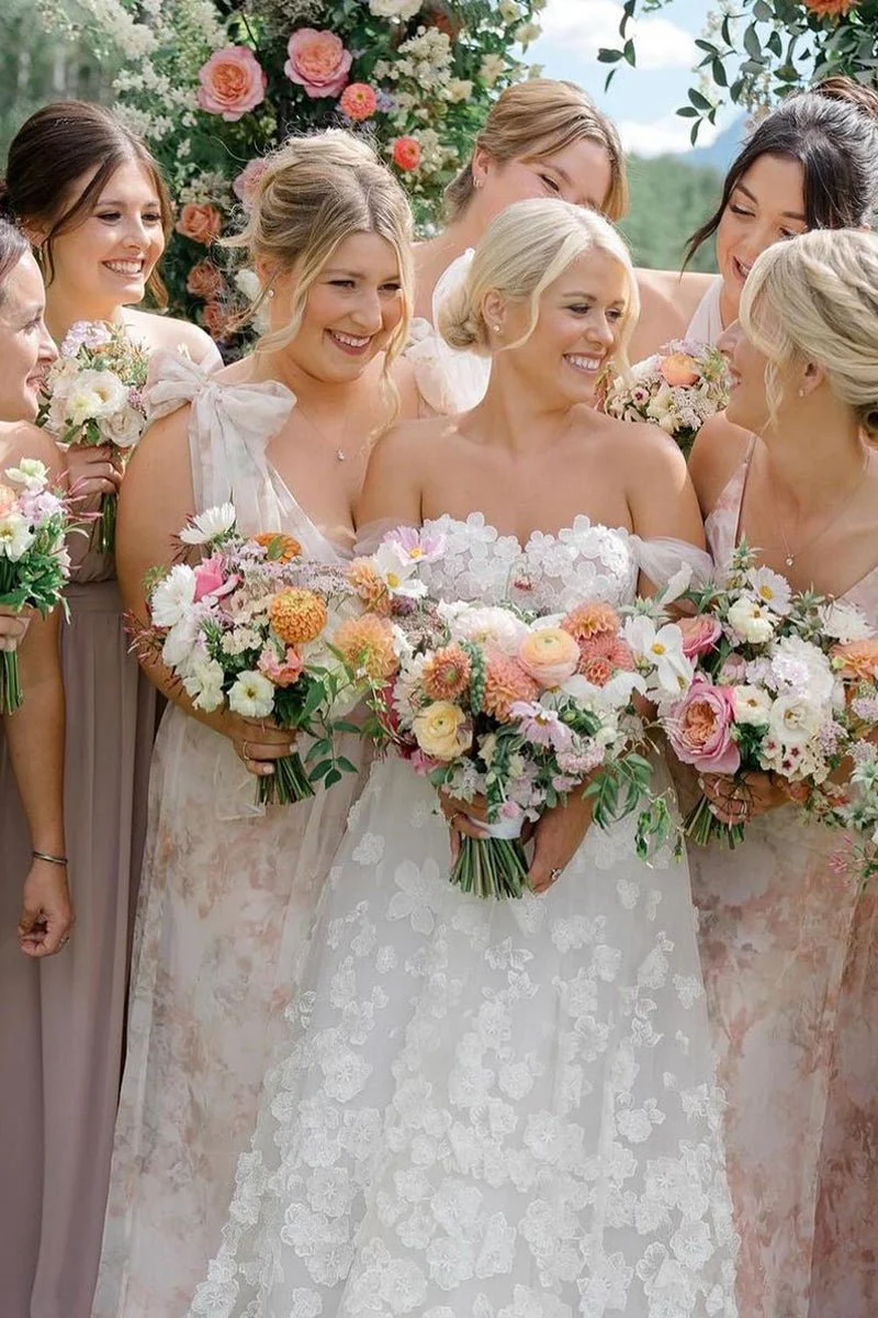 Attractive A-Line Off the Shoulder Tulle Wedding Dresses