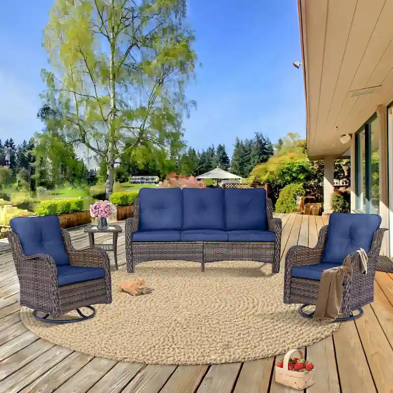 4 Piece Wicker Patio Furniture Sofa and Swivel Chair Set with Table