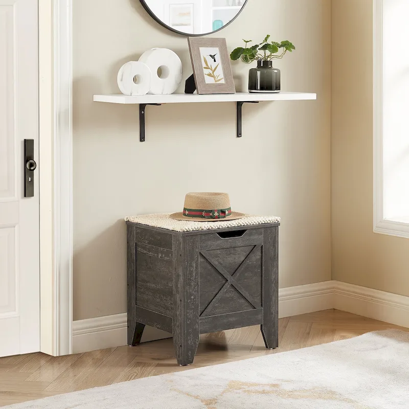 Storage Bench, Wooden Chest for Storage with Wicker Mat Safety Hinges, Entryway Shoe Bench Storage Trunk Industrial Style