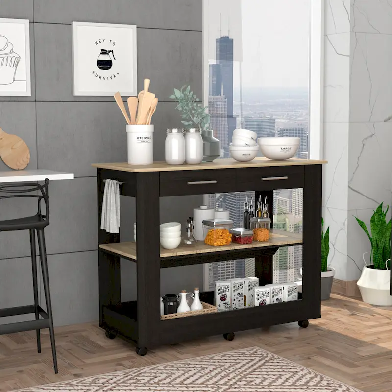 Black / White Rolling Kitchen Island with 2 Drawers and 2 Open Shelves – 46 in