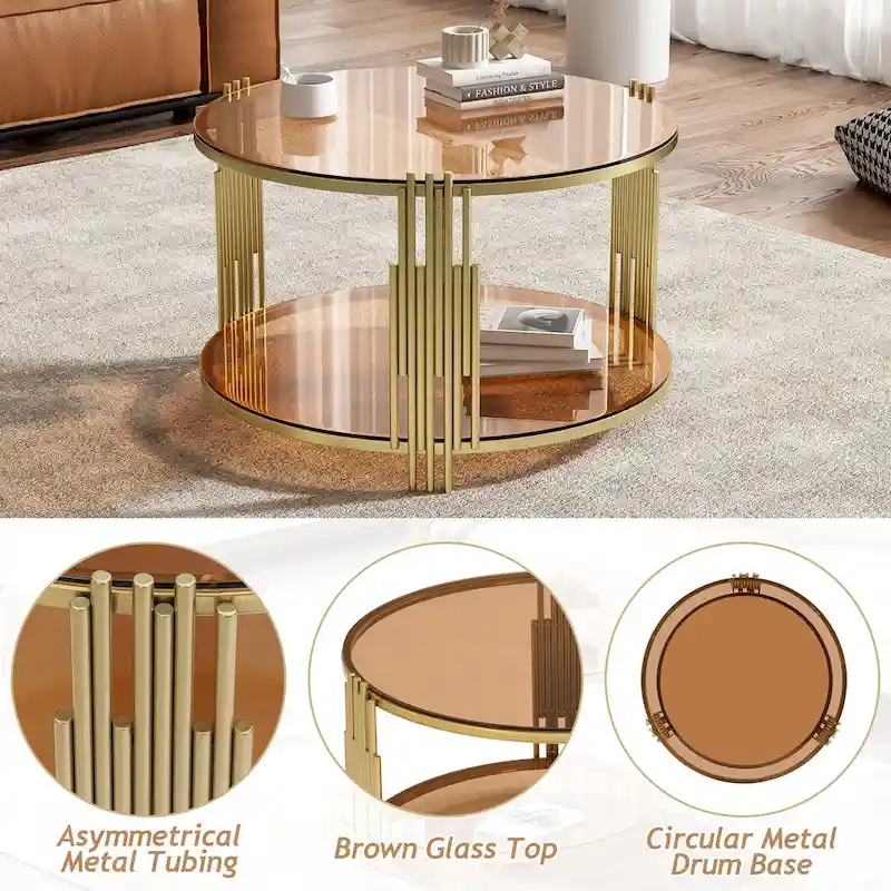 31.5 Tempered Glass Coffee Table with Asymmetrical Metal Design and Lower Shelf