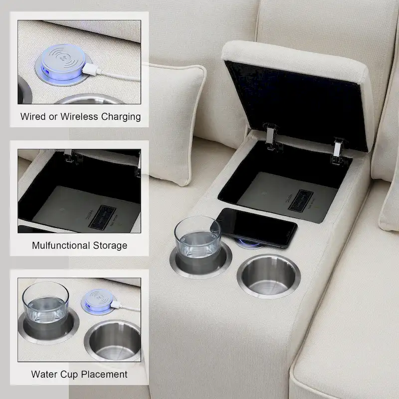 [VIDEO provided] [New] 114.2 Upholstered Sofa with Console, 2 Cupholders and 2 USB Ports Wired or Wirelessly Charged, Modern Li
