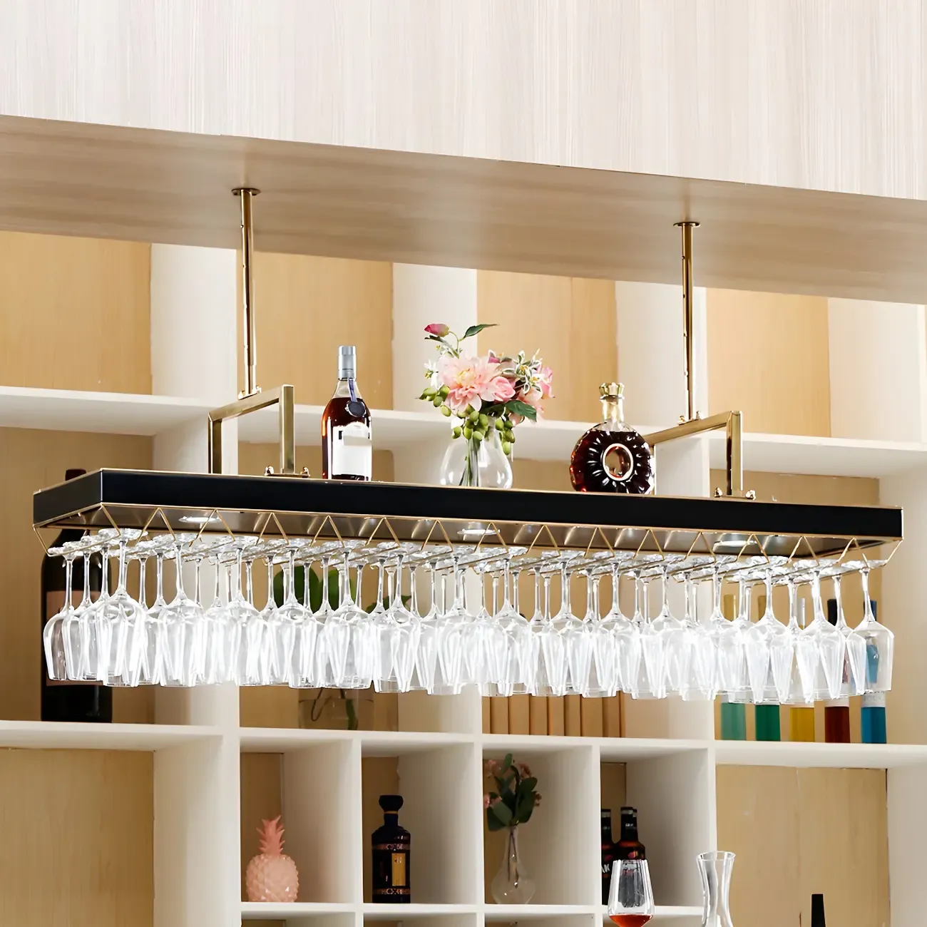 Elegant Black Hanging Wine Rack with Glass Holder