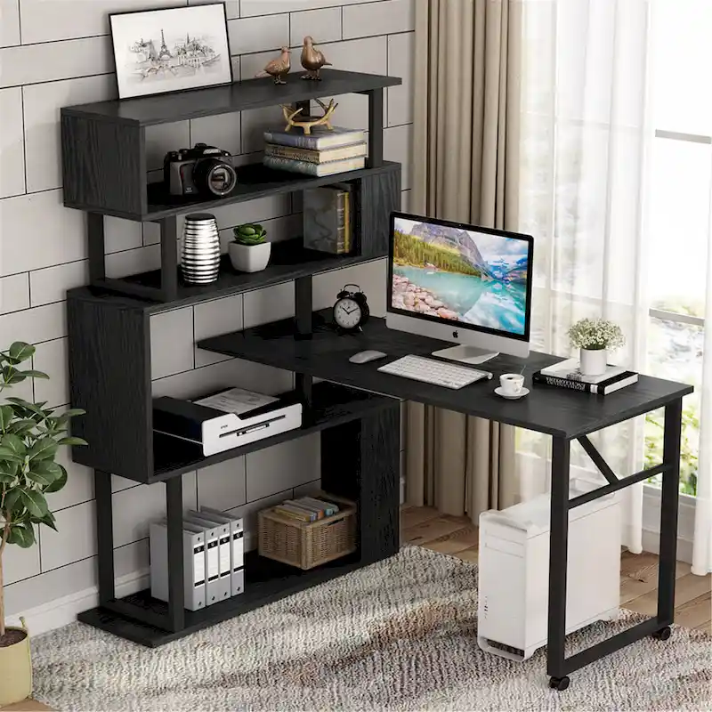 L-Shaped Rotating Computer Desk with Bookshelf