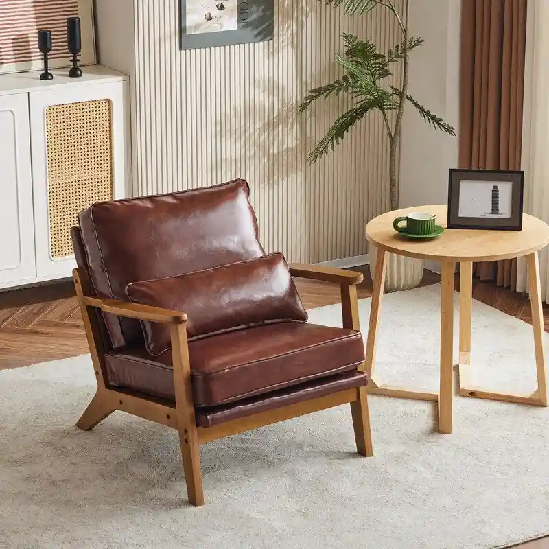 Upholstered Linen Blend Accent Chair with Wooden Legs and Pillow, Beige