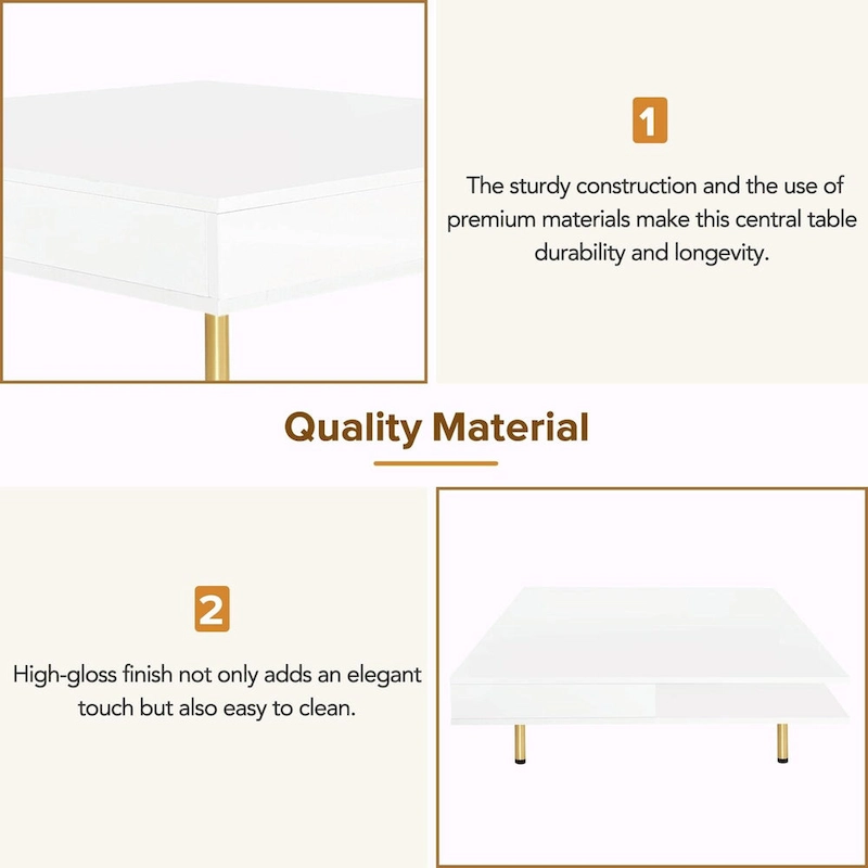 High Gloss Coffee Table: 4 Golden Legs, 2 Drawers, 2-Tier Square Design