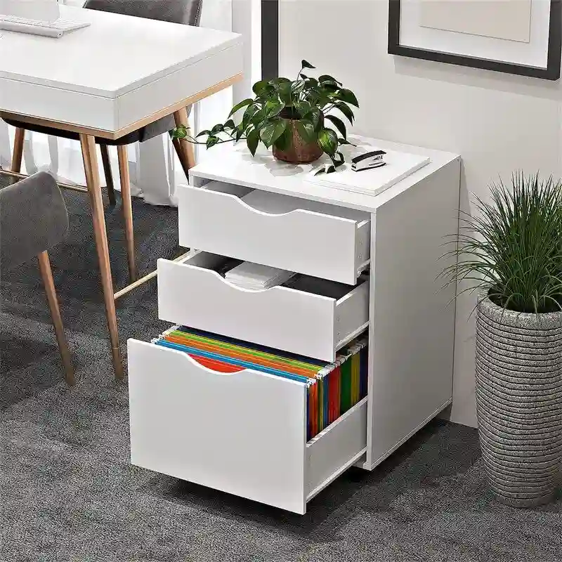 White Wood Finish 3-Drawer Rolling File Cabinet