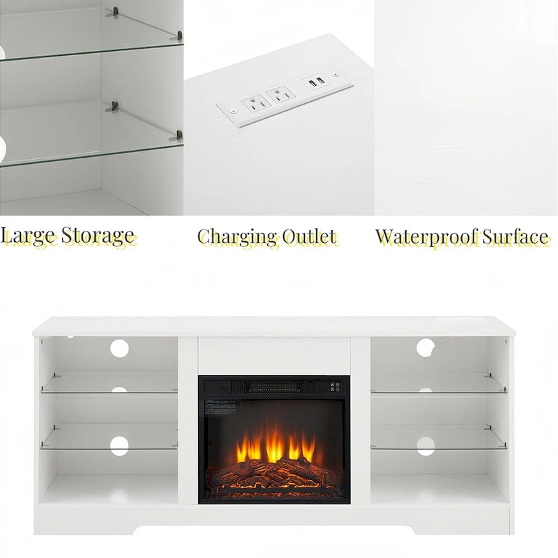 58W Fireplace TV Stand with 18 Fireplace, LED Light, USB Outlet - 58W*15.5D*24.4H
