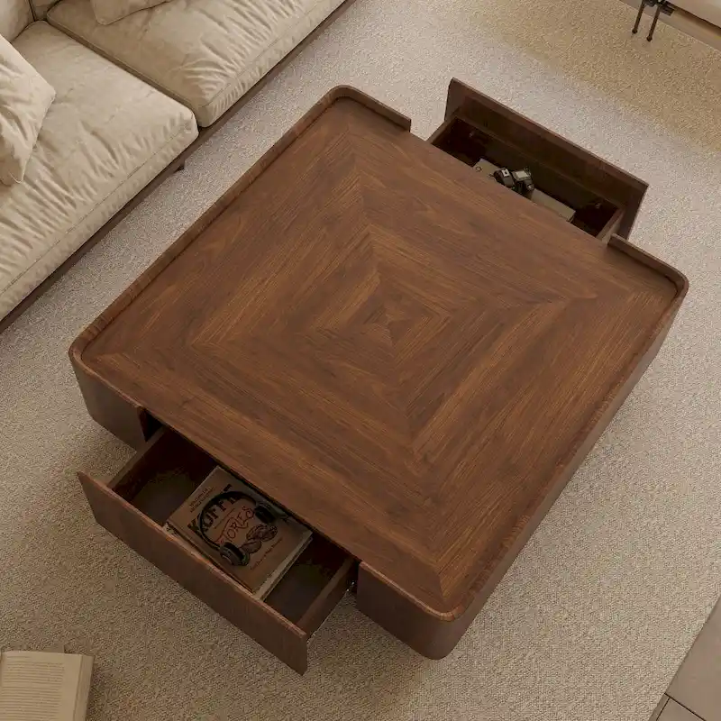 Mid-Century Modern Square Wood Coffee Table with Drawers