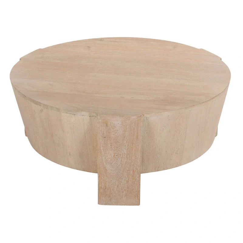 Joana Coffee Table, 35 Inch Round Drum Shape with 3 Legs, Sandblasted Natural Brown Mango Wood