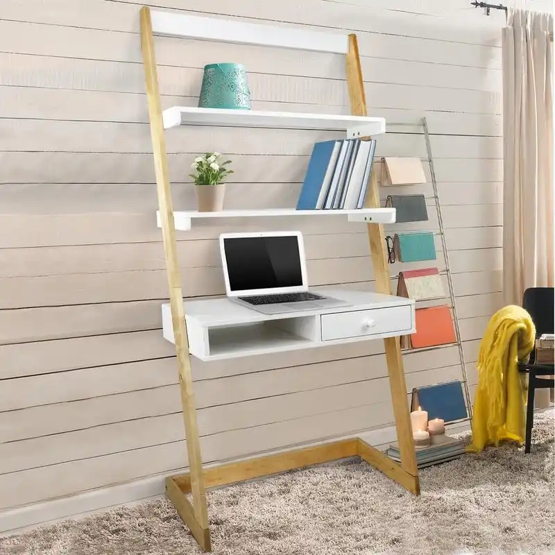 Natural White Two-Tone Ladder Desk with Drawer, Single User