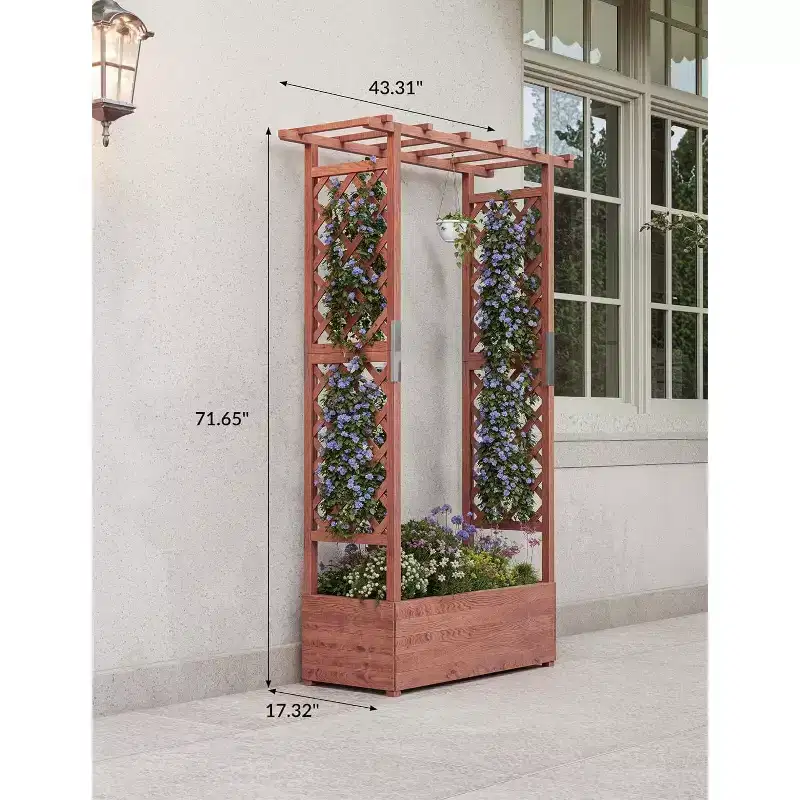 Wooden Elevated Garden Planter Box with Trellis,Sturdy Side Supports,Protective Canopy & 4 Drainage Holes for Climbing Plants,Vegetables