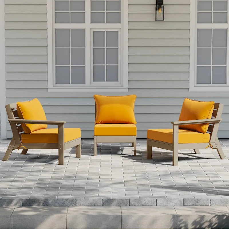 Polytrends Birchwood All Weather HDPE Outdoor Patio Deep Seating Weathered Wood Sofa With Cushions (3-Piece)