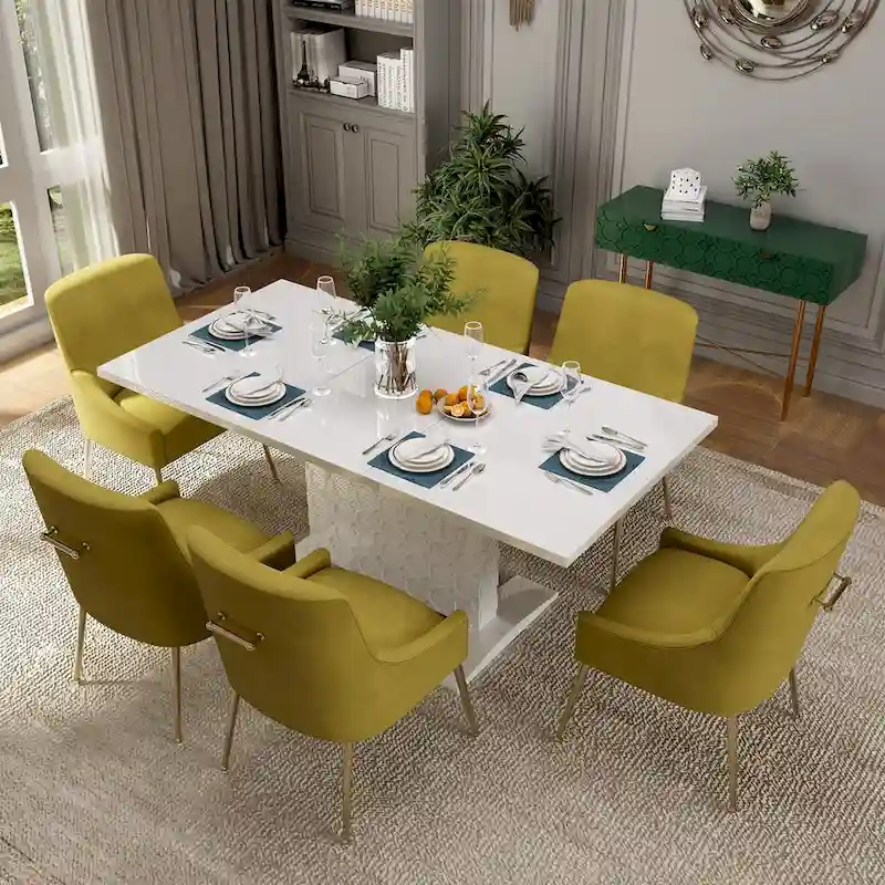 7-Piece Clihome High-gloss Extendable Table Velvet Chair Dining Set