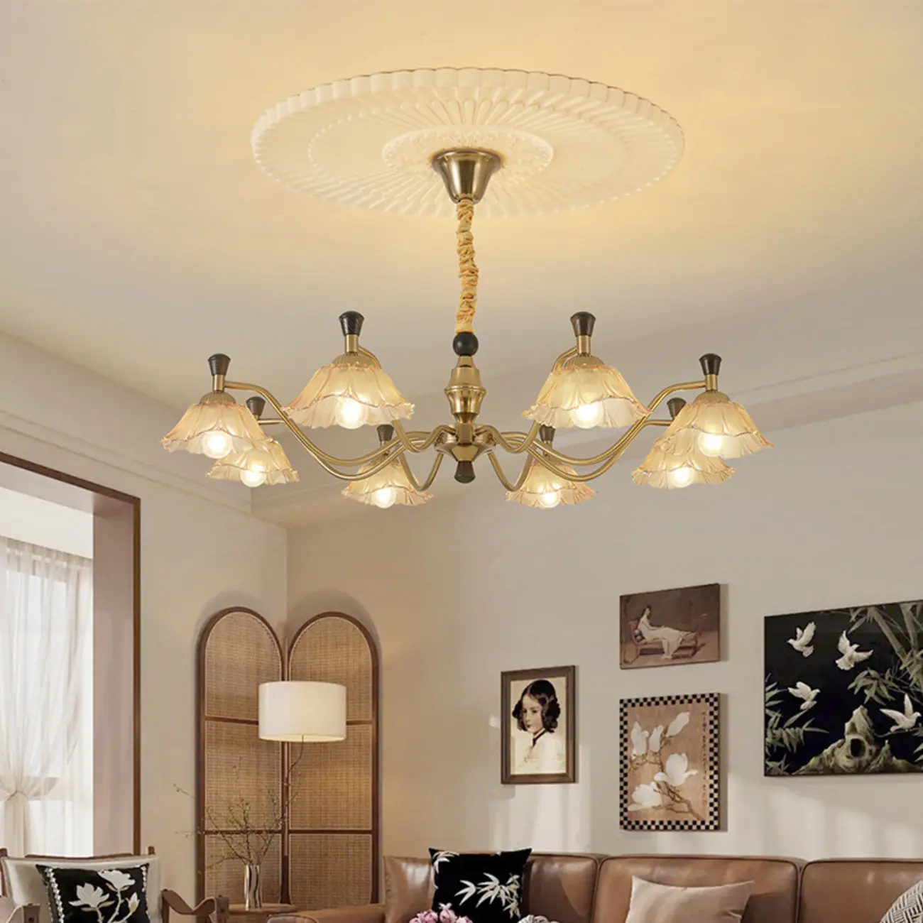 Modern Adjustable Gold Flower Glass Chandelier 6/8 Lights