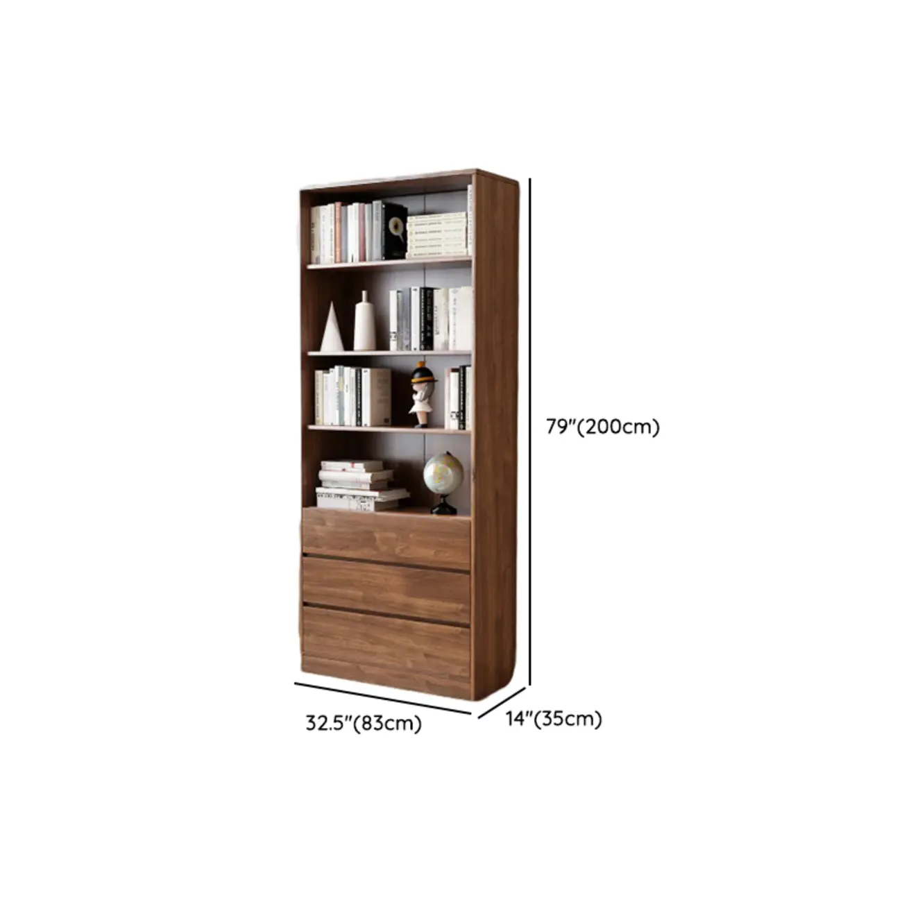 Traditional Brown Pecan Wood Bookcase with Drawers