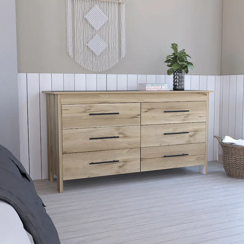 6 Drawer Double Dresser with Roller Guides, Metal Pulls and 4 Legs