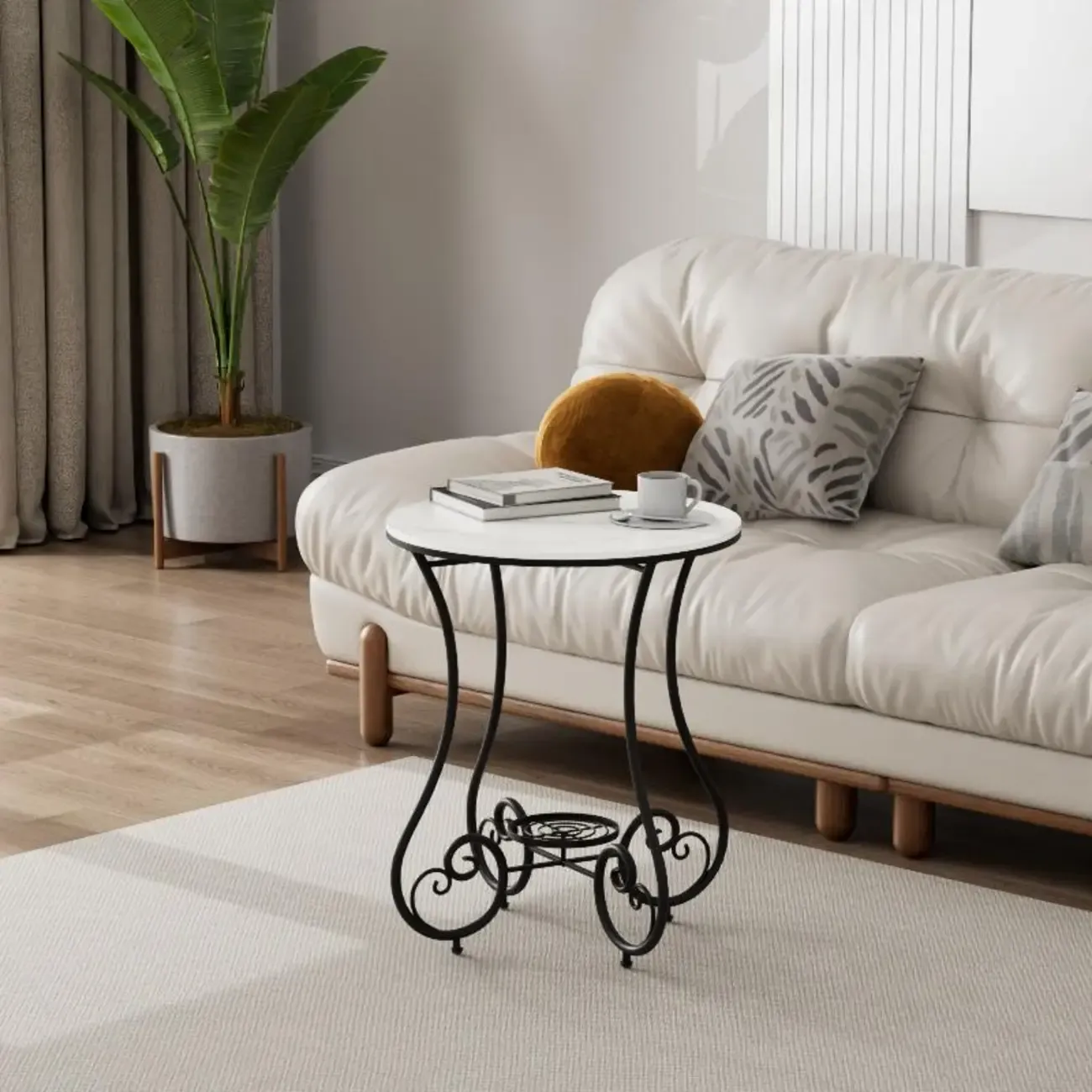 Modern Gloss Finish Steel Marble-Top Round Side Table