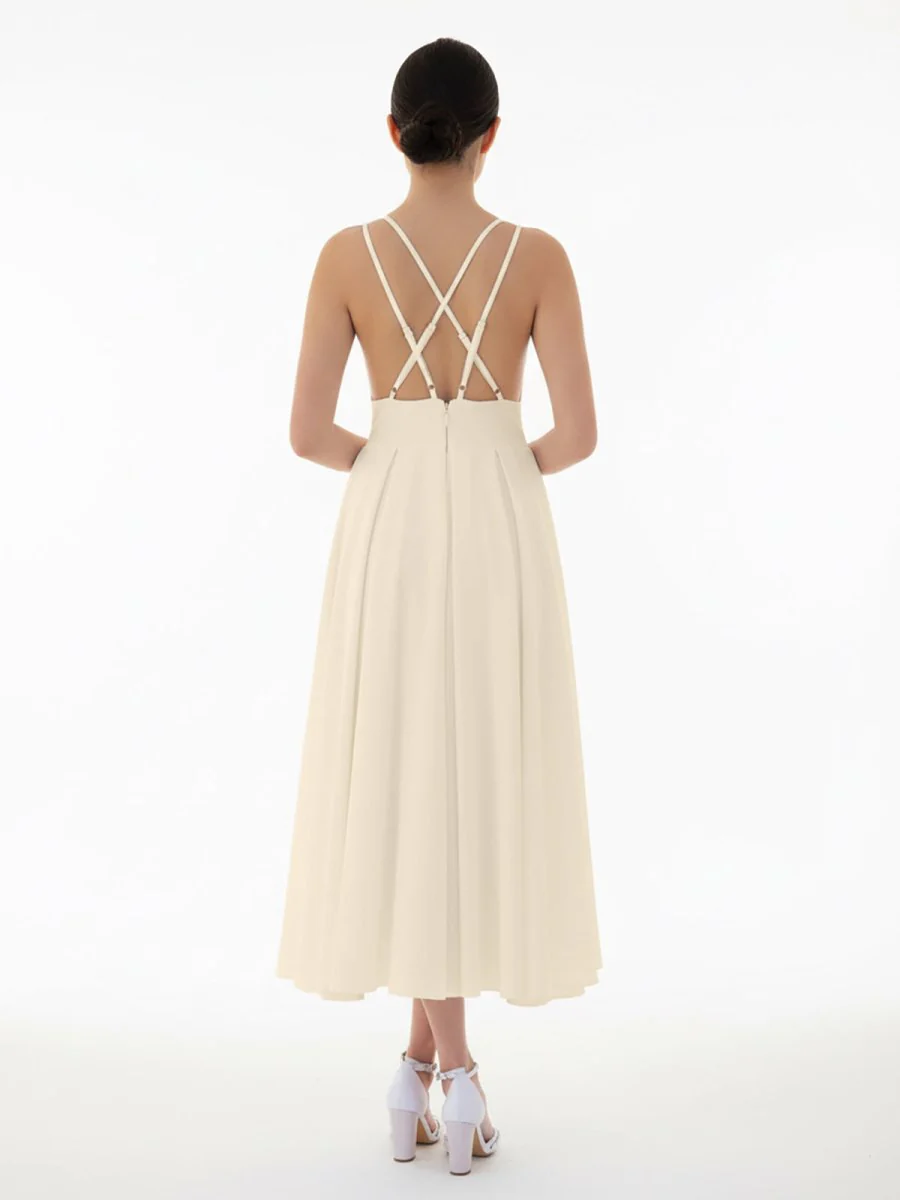 A-Line V-Neck Sleeveless Satin Knee-Length Wedding Dress