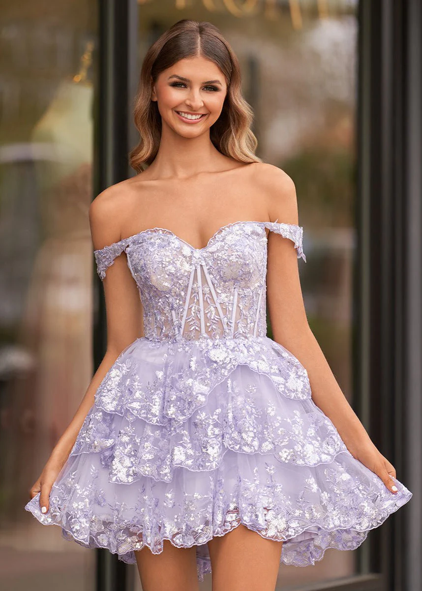 Purple - A-Line Sweetheart Tiered Short Homecoming & Cocktail Dresses