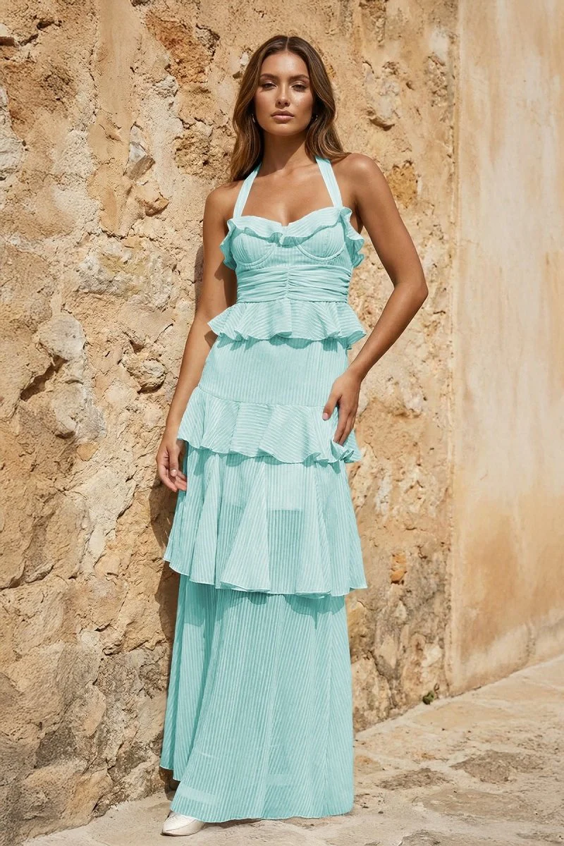 Sky Blue Halter Sheath Pleated Chiffon Long Prom Dresses With Ruffles