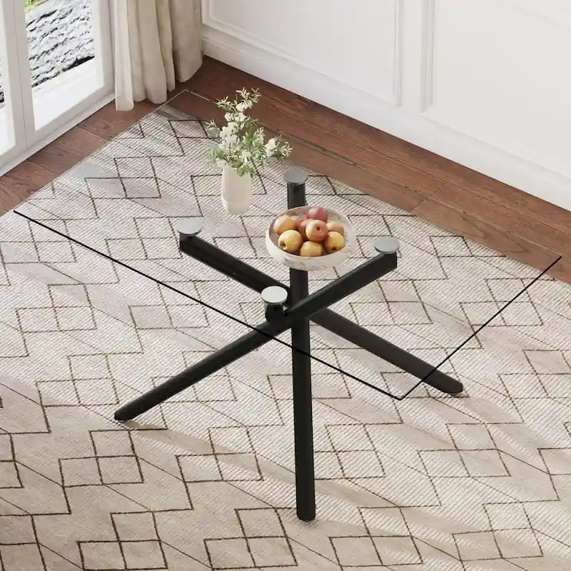 Large Modern Minimalist Rectangular Glass Dining Table for 6-8 with 0.39 Tempered Glass Tabletop and Black color Metal Legs