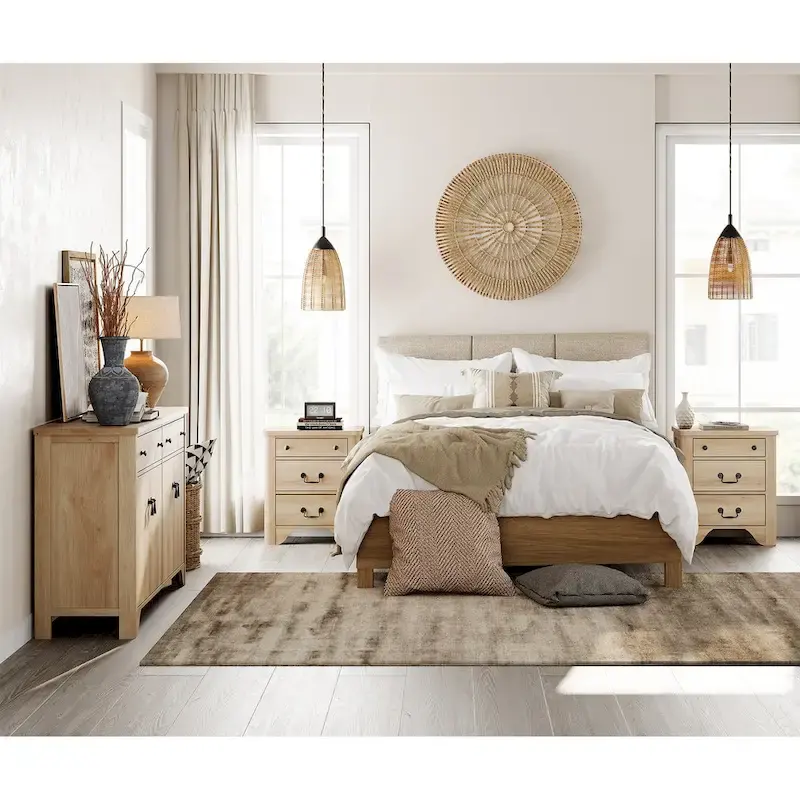 WAMPAT Farmhouse 3PCS Bedroom Set, 59  W Large Sideboard Buffet Cabinet,and Wood Nightstands Set of 2 with Charging Station