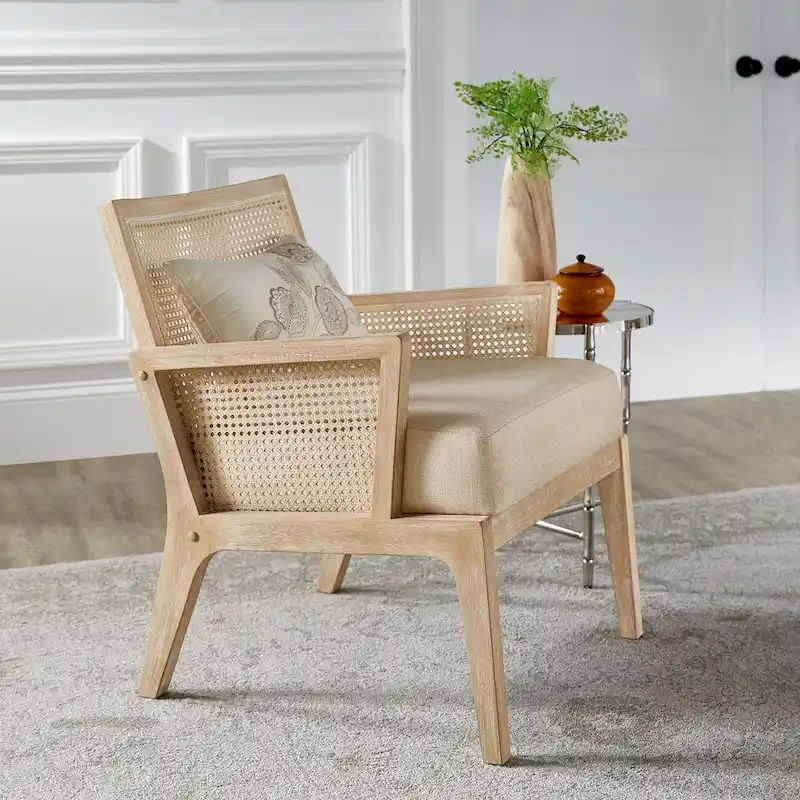 Beige Fabric Rattan Cane Accent Chair, Single