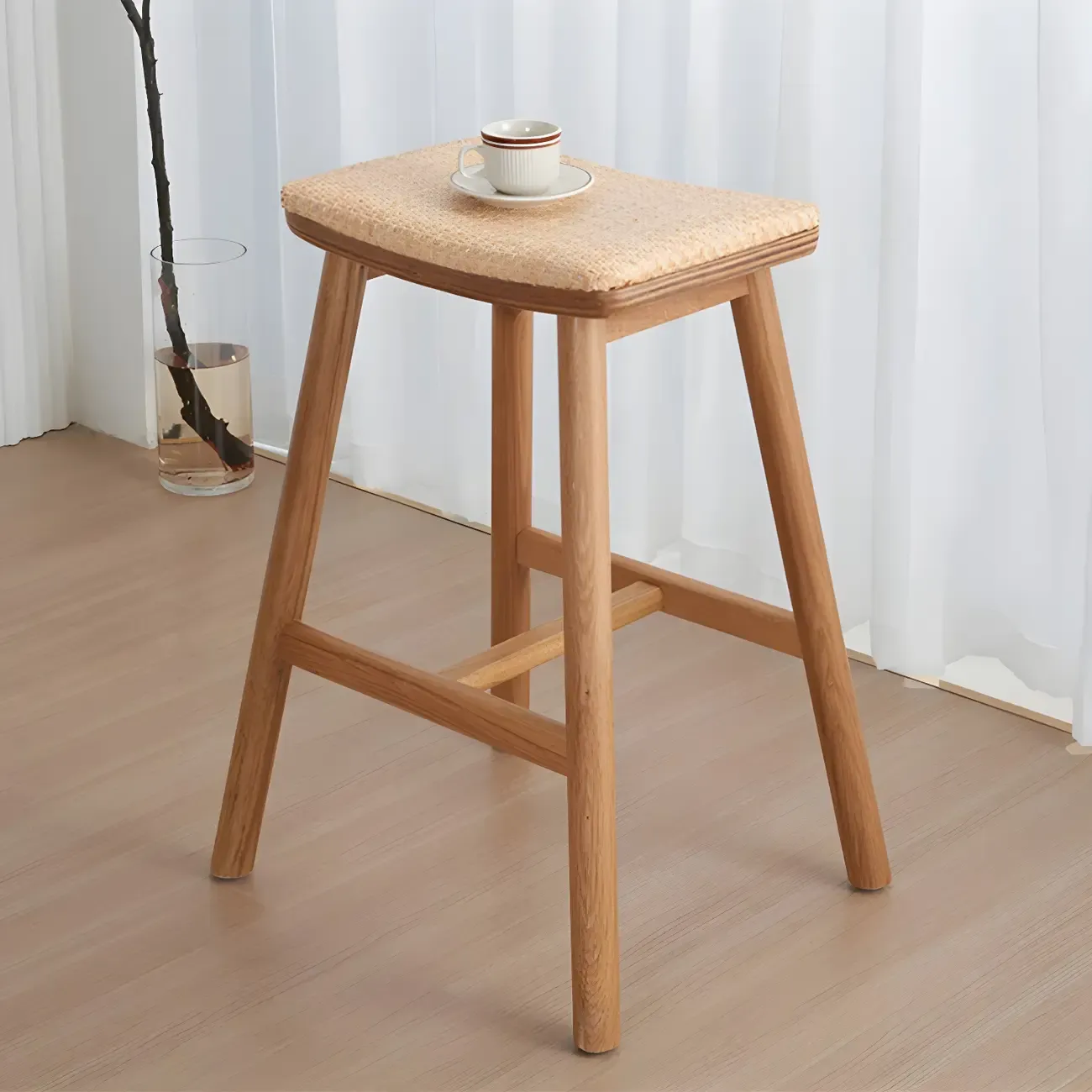 Brown Oak Wood  Ratten Seat Backless Counter Bar Stools