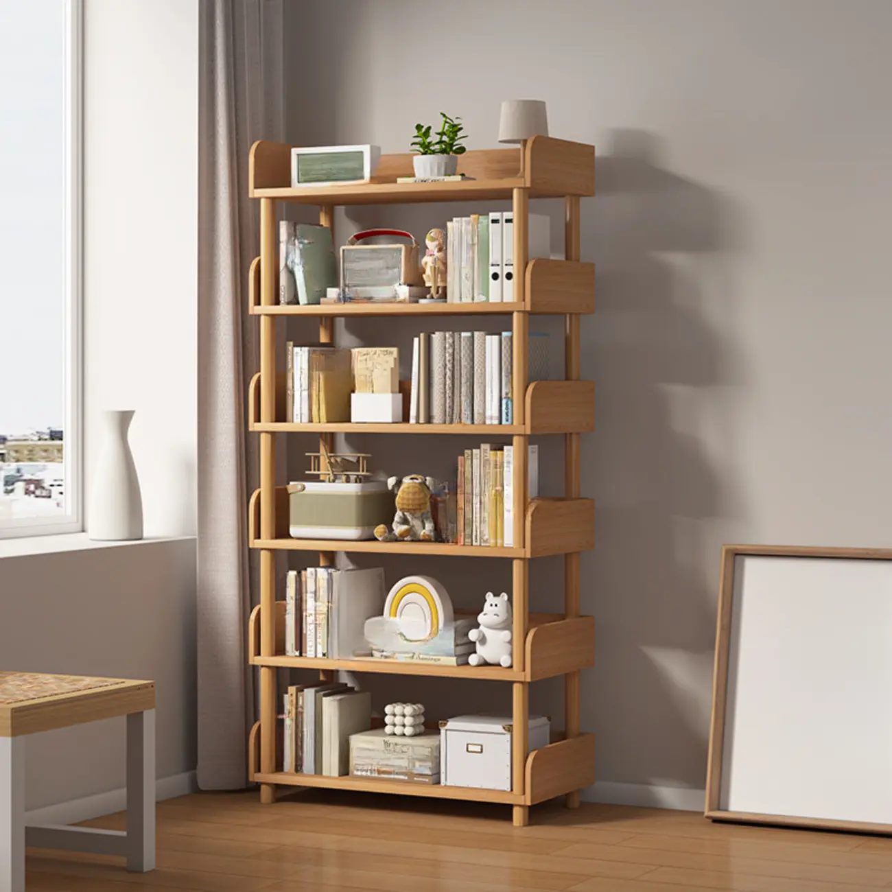 Vertical Natural Multi-Shelf Open Back Wood Bookcase