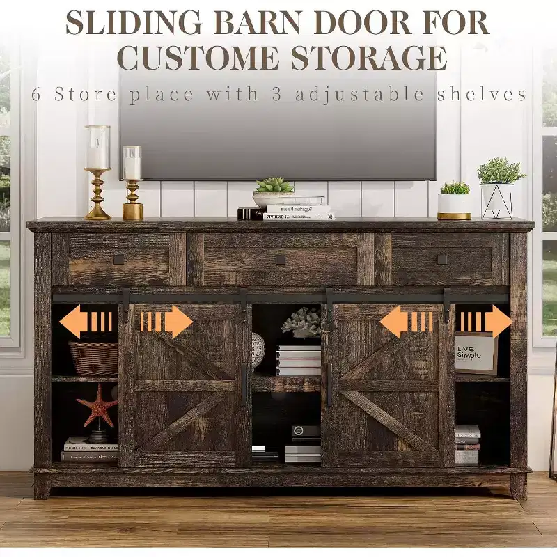 AMERLIFE Farmhouse TV Stand with Sliding Barn Door & Drawer, 59 Rustic Entertainment Center for TVs up to 65
