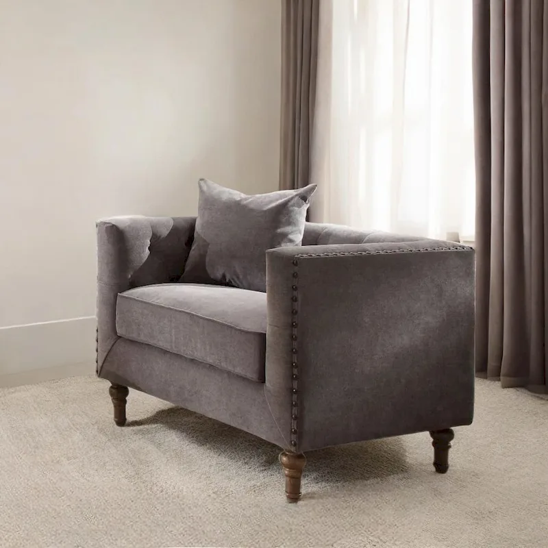 HomeRoots 41 Gray and Antiqued Brass Velvet Tufted Arm Chair And Toss Pillow - 41' X '31' X '34