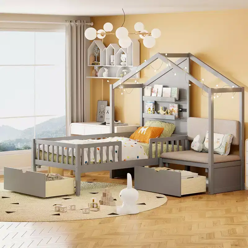 Twin Size House Bed with Upholstered Sofa, Wood House Bed Frame with Charging Station, Wireless Charging, Shelves and Drawers