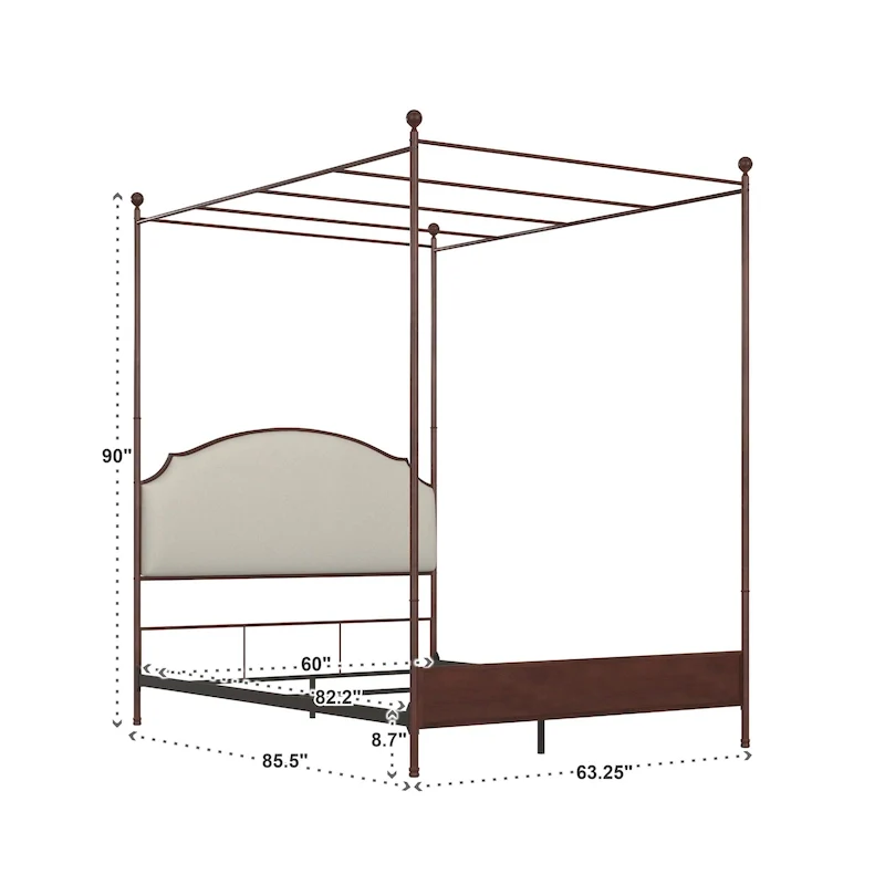 Cream Linen Transitional Canopy Poster Bed, Cherry Brown Frame (Twin/Full/Queen/King)