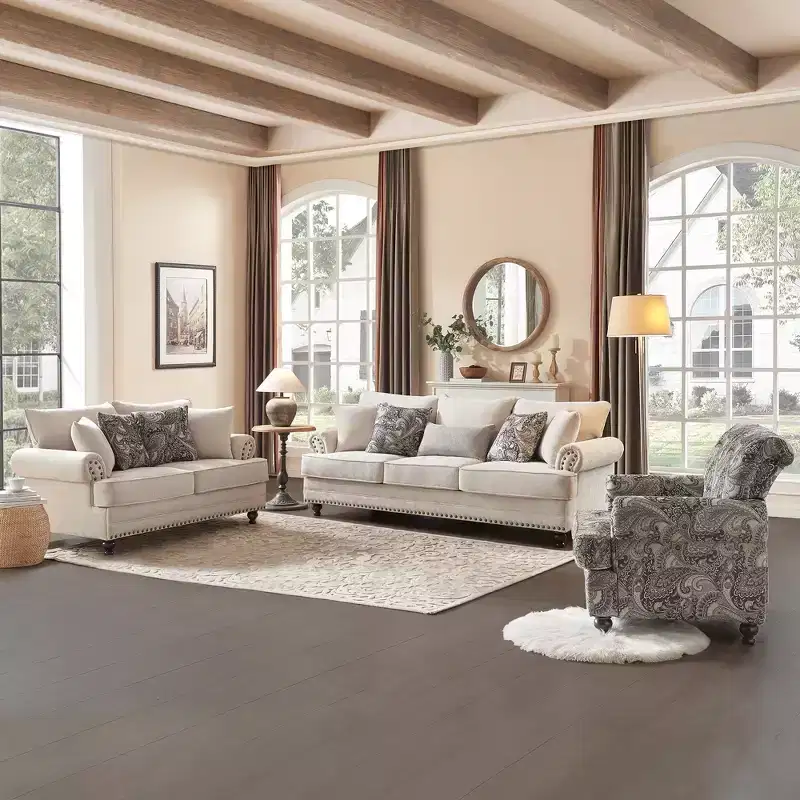 Piece Living Room Set, Modern Farmhouse Chenille Sofa and Loveseat with Nailhead Trim, Floral Accent Chair