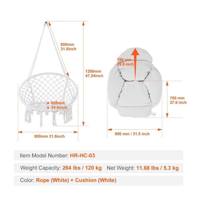 Hanging Hammock Swing Chair, Macram Hanging Chair with Cushion and Mounting Hardware, Cotton Rope Swing Chair