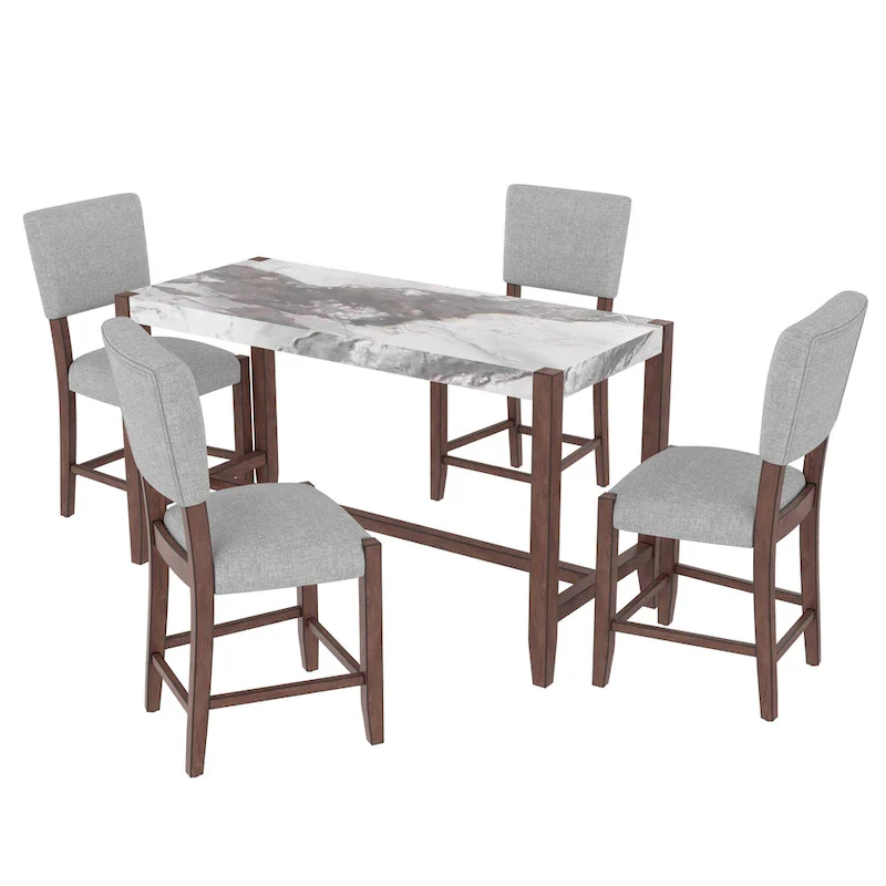 5-Piece Counter Height Dining Table Set, Faux Marble Bar Table and 4 Upholstered-Seat Chairs