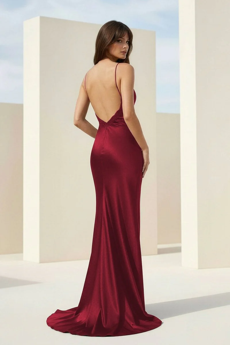 Black Spaghetti Straps Mermaid Satin Backless Prom Dresses With Beading