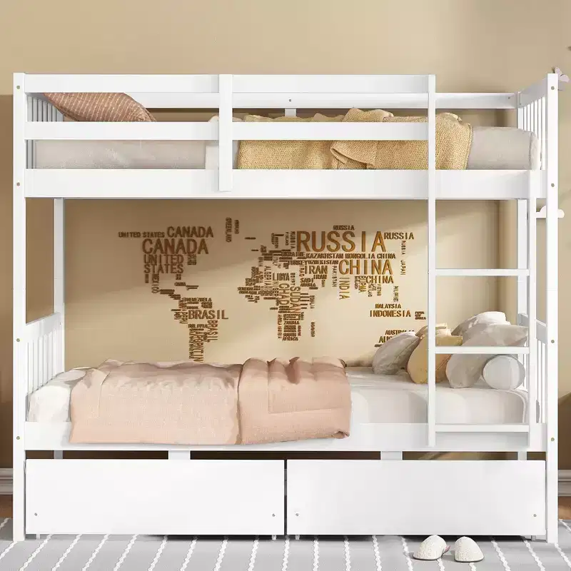 Twin Rubber Wood Bunk Bed with 2 Storage Drawers, Convertible to 2 Twin Beds, Ladder & Guardrails, White