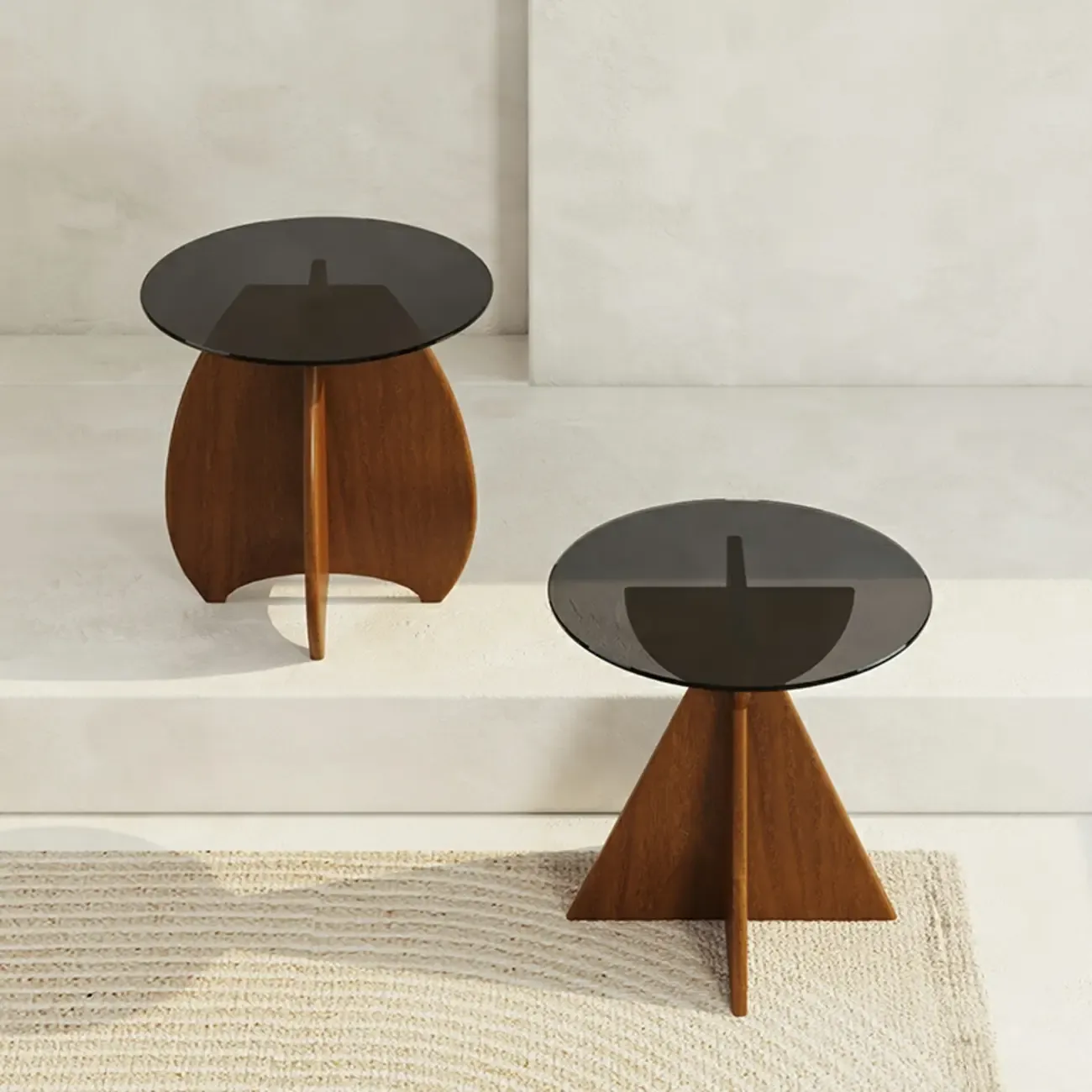 Brown Round Glass Top Wood Geometric X-Base End Table