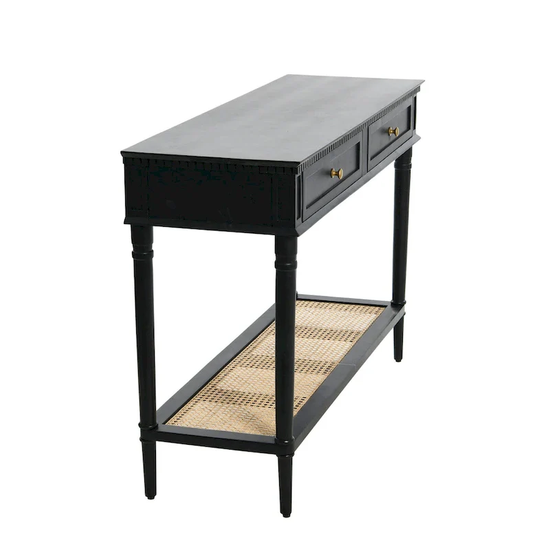 Acacia Wood Console Table with Cane Shelf