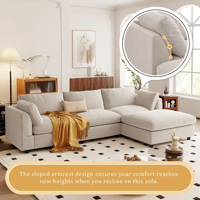 Beige 113 L-Shaped 4-Seat Sectional Sofa with Adjustable Footrest and Reversible Chaise