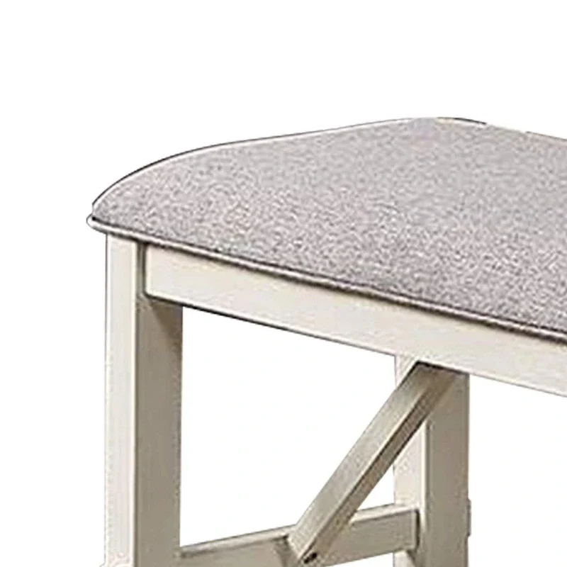 50 Inch Dining Bench, Fabric Padded Seat, Rubberwood, Gray and White